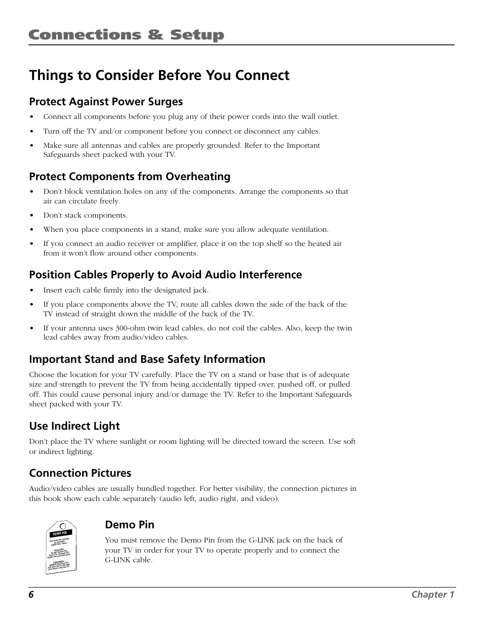 Protect against power surges, Protect components from overheating, Important stand and base safety information | Use indirect light, Connection pictures, Demo pin, 6chapter 1 | RCA F26317 User Manual | Page 8 / 64