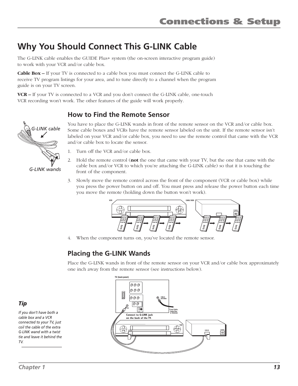 How to find the remote sensor, Placing the g-link wands, Chapter 1 13 | G-link wands g-link cable | RCA MR51TF20 User Manual | Page 15 / 64