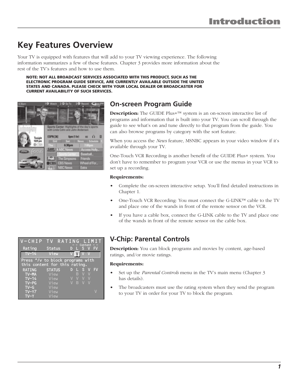 Introduction, Key features overview, On-screen program guide | V-chip: parental controls | RCA MR51TF20 User Manual | Page 3 / 64