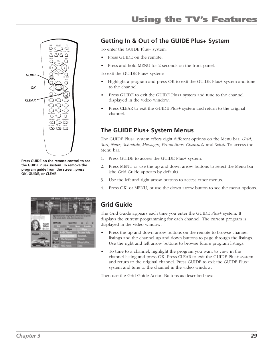 Using the tv’s features, Getting in & out of the guide plus+ system, The guide plus+ system menus | Grid guide, Chapter 3 29 | RCA MR51TF20 User Manual | Page 31 / 64
