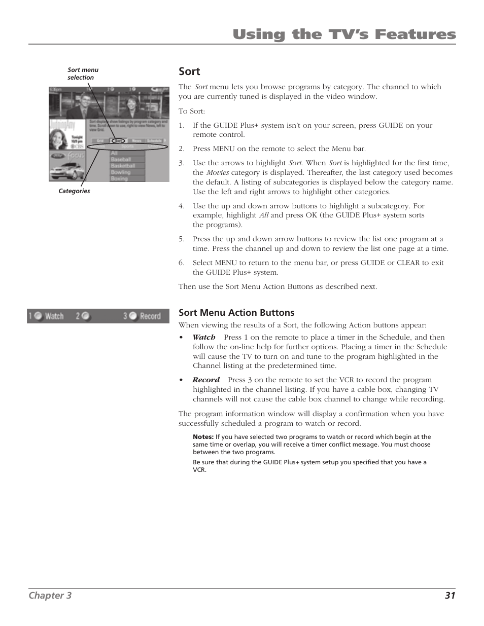 Using the tv’s features, Sort | RCA MR51TF20 User Manual | Page 33 / 64