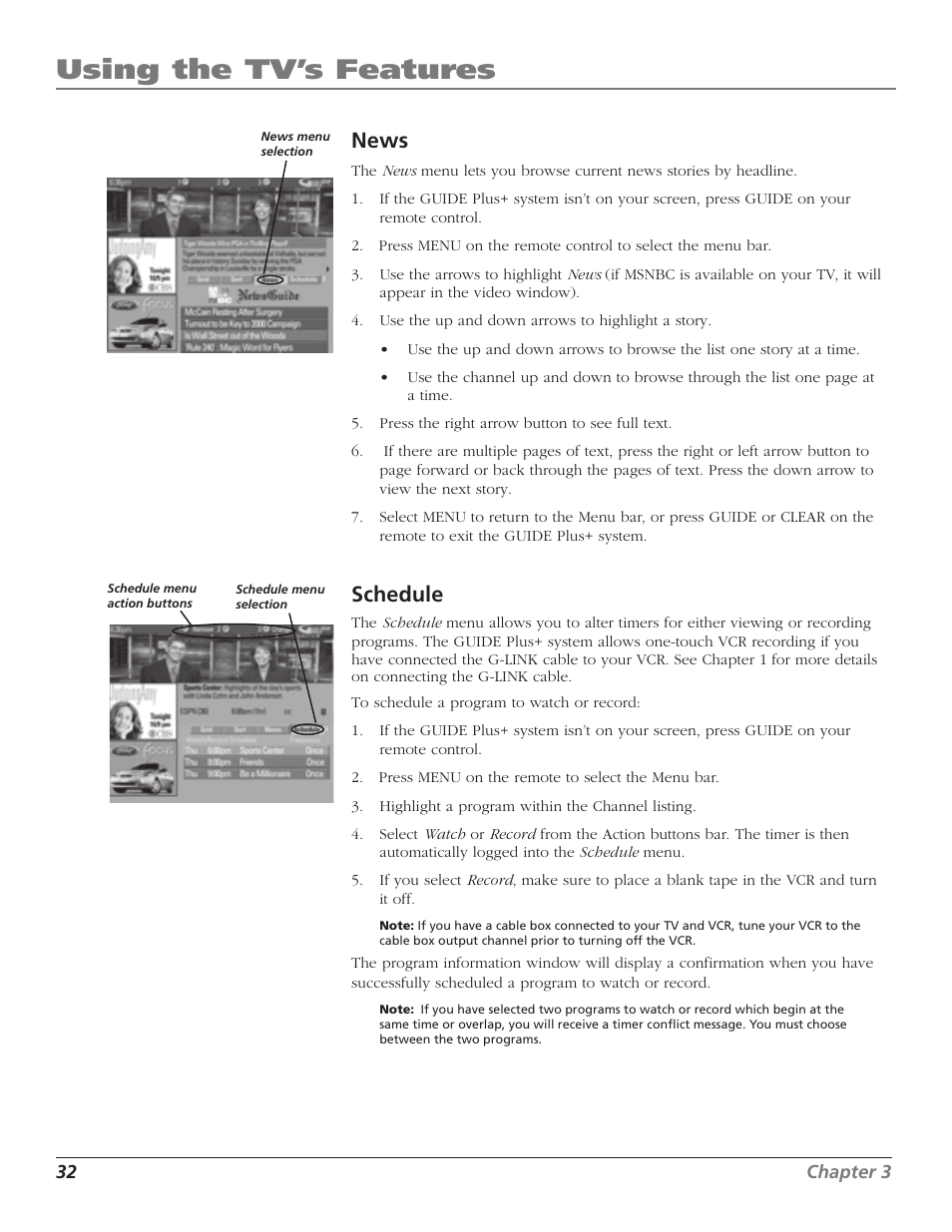 Using the tv’s features, News, Schedule | RCA MR51TF20 User Manual | Page 34 / 64