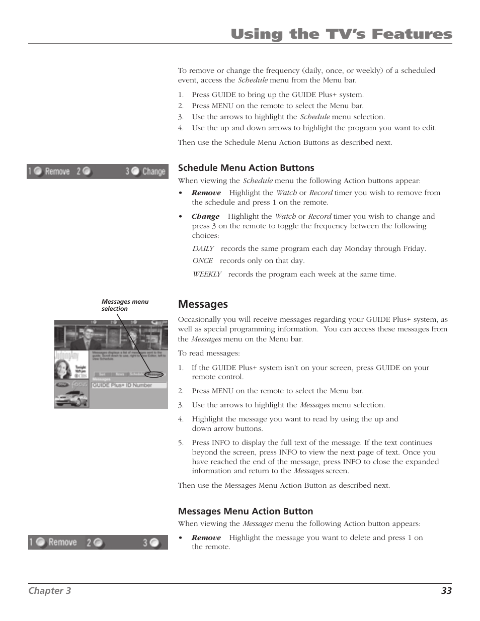 Using the tv’s features, Messages | RCA MR51TF20 User Manual | Page 35 / 64