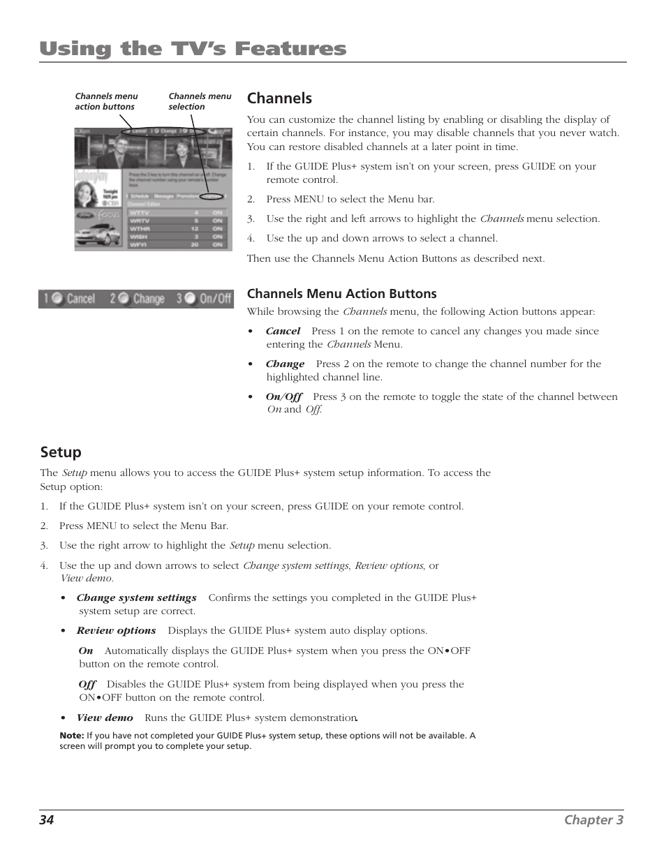 Using the tv’s features, Channels, Setup | RCA MR51TF20 User Manual | Page 36 / 64