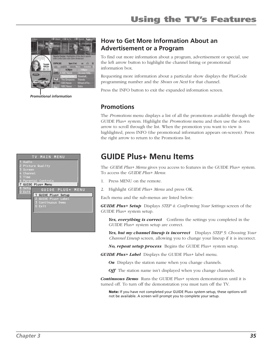 Using the tv’s features, Guide plus+ menu items, Promotions | RCA MR51TF20 User Manual | Page 37 / 64