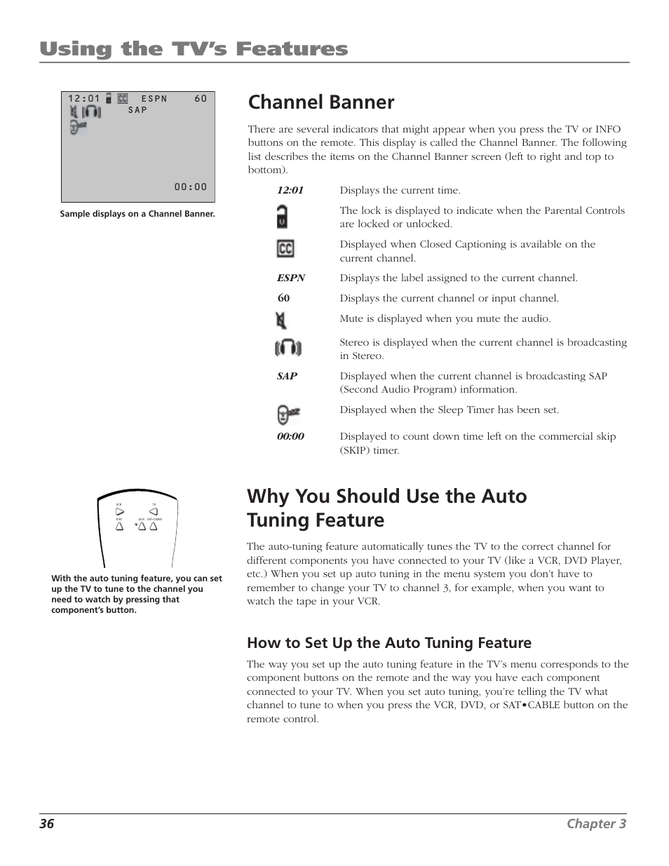 Using the tv’s features, Channel banner, Why you should use the auto tuning feature | How to set up the auto tuning feature | RCA MR51TF20 User Manual | Page 38 / 64