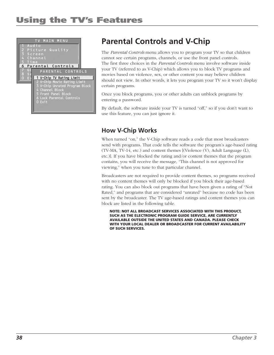 Using the tv’s features, Parental controls and v-chip, How v-chip works | RCA MR51TF20 User Manual | Page 40 / 64