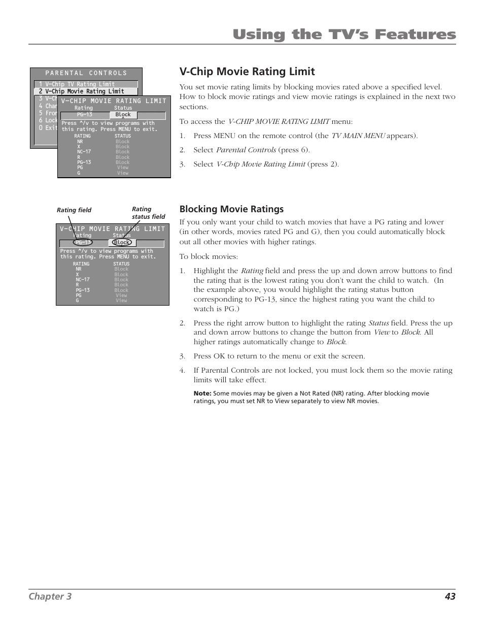 Using the tv’s features, V-chip movie rating limit, Chapter 3 43 | Blocking movie ratings | RCA MR51TF20 User Manual | Page 45 / 64
