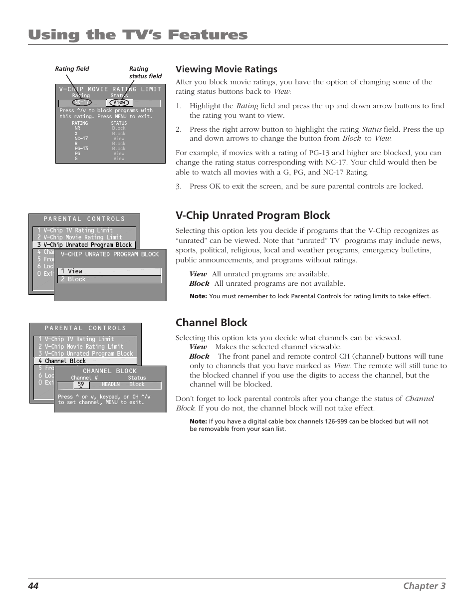 Using the tv’s features, V-chip unrated program block, Channel block | 44 chapter 3 viewing movie ratings | RCA MR51TF20 User Manual | Page 46 / 64