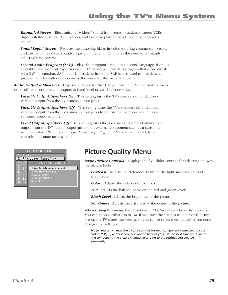 Using the tv’s menu system, Picture quality menu | RCA MR51TF20 User Manual | Page 51 / 64