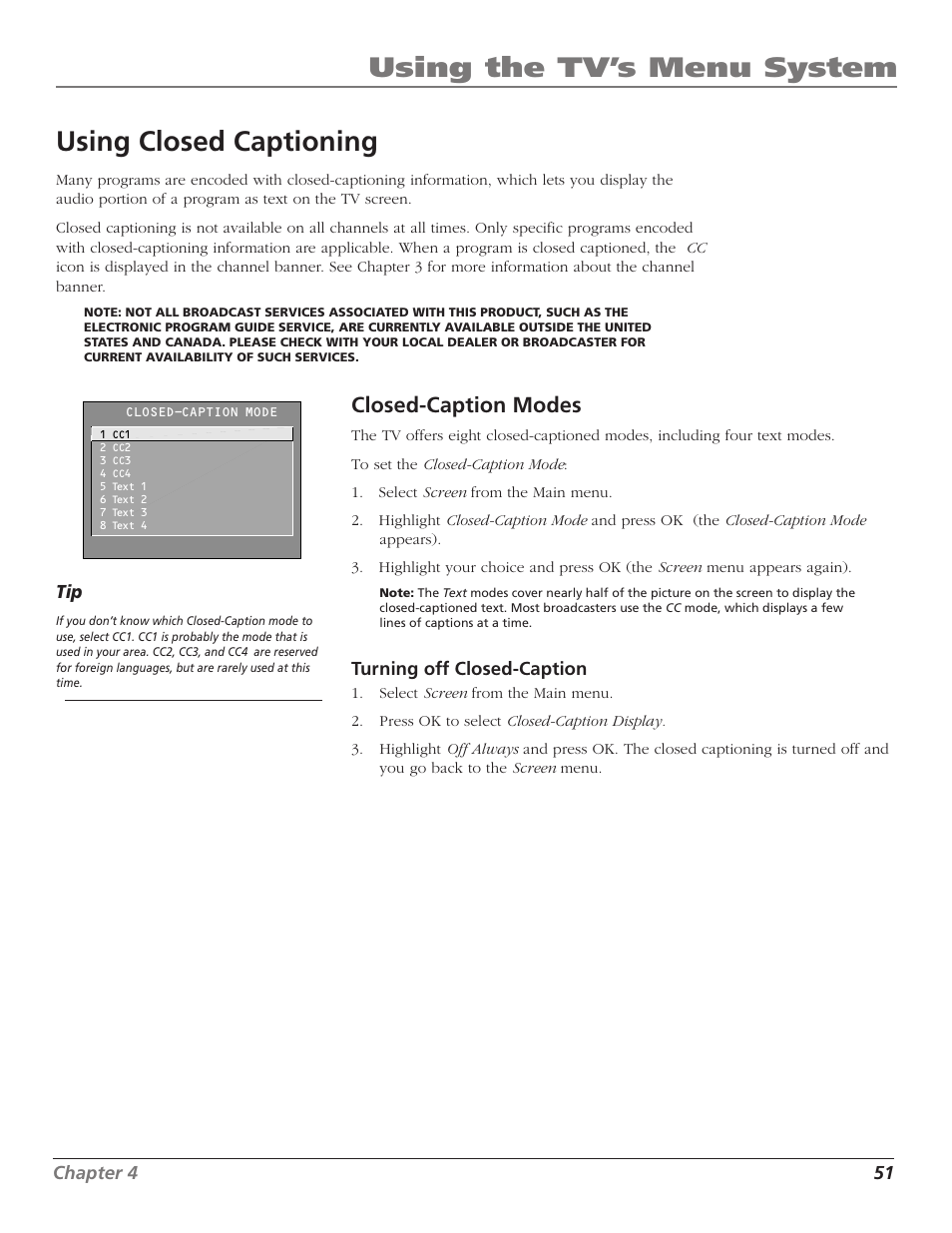 Using the tv’s menu system, Using closed captioning, Closed-caption modes | RCA MR51TF20 User Manual | Page 53 / 64