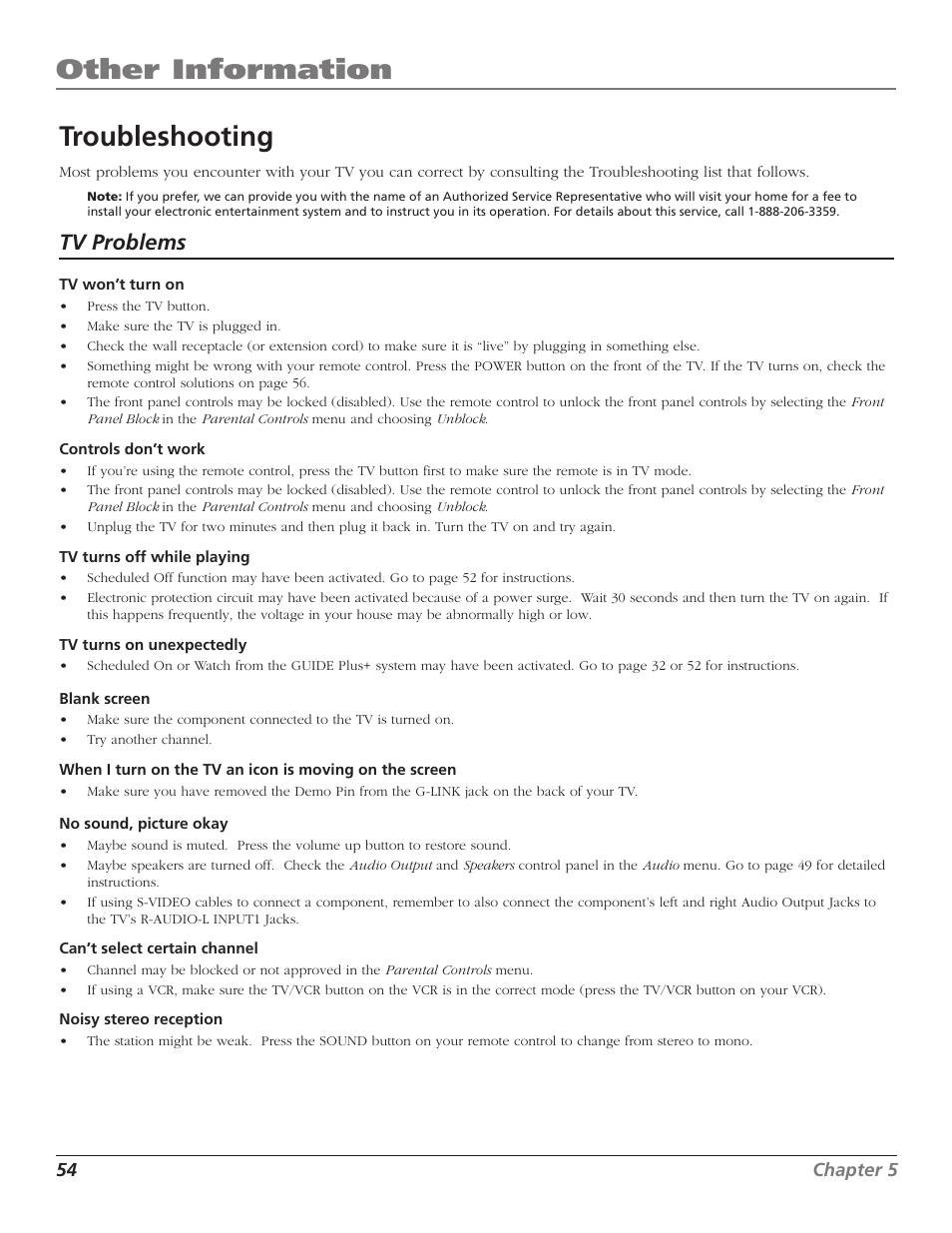 Other information, Troubleshooting, Tv problems | RCA MR51TF20 User Manual | Page 56 / 64