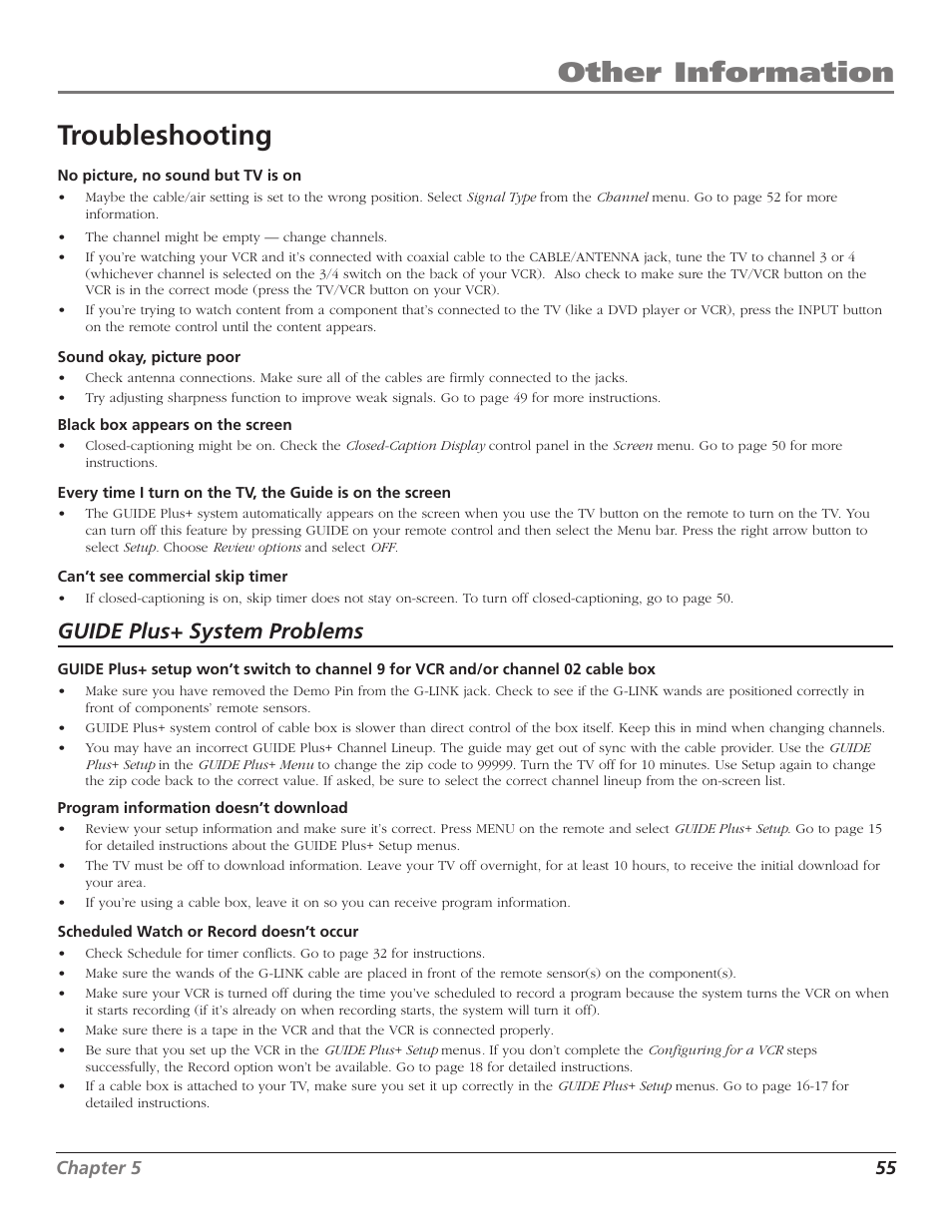 Other information troubleshooting, Guide plus+ system problems | RCA MR51TF20 User Manual | Page 57 / 64
