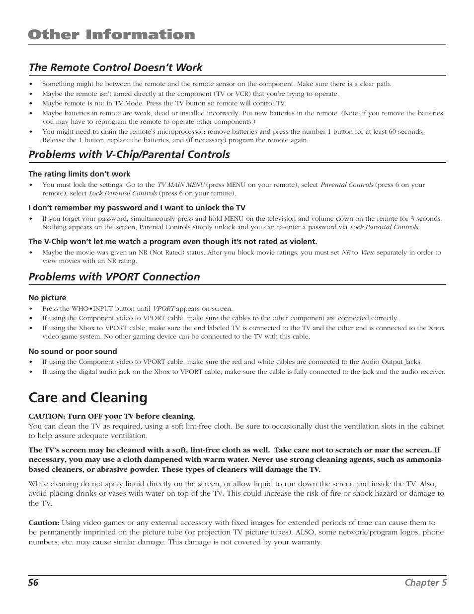 Other information, Care and cleaning, The remote control doesn’t work | Problems with v-chip/parental controls, Problems with vport connection | RCA MR51TF20 User Manual | Page 58 / 64