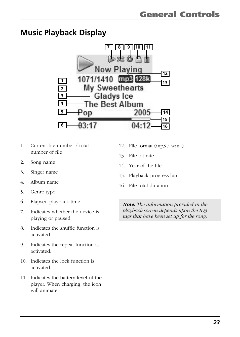 Music playback display, General controls | RCA H125 User Manual | Page 23 / 38