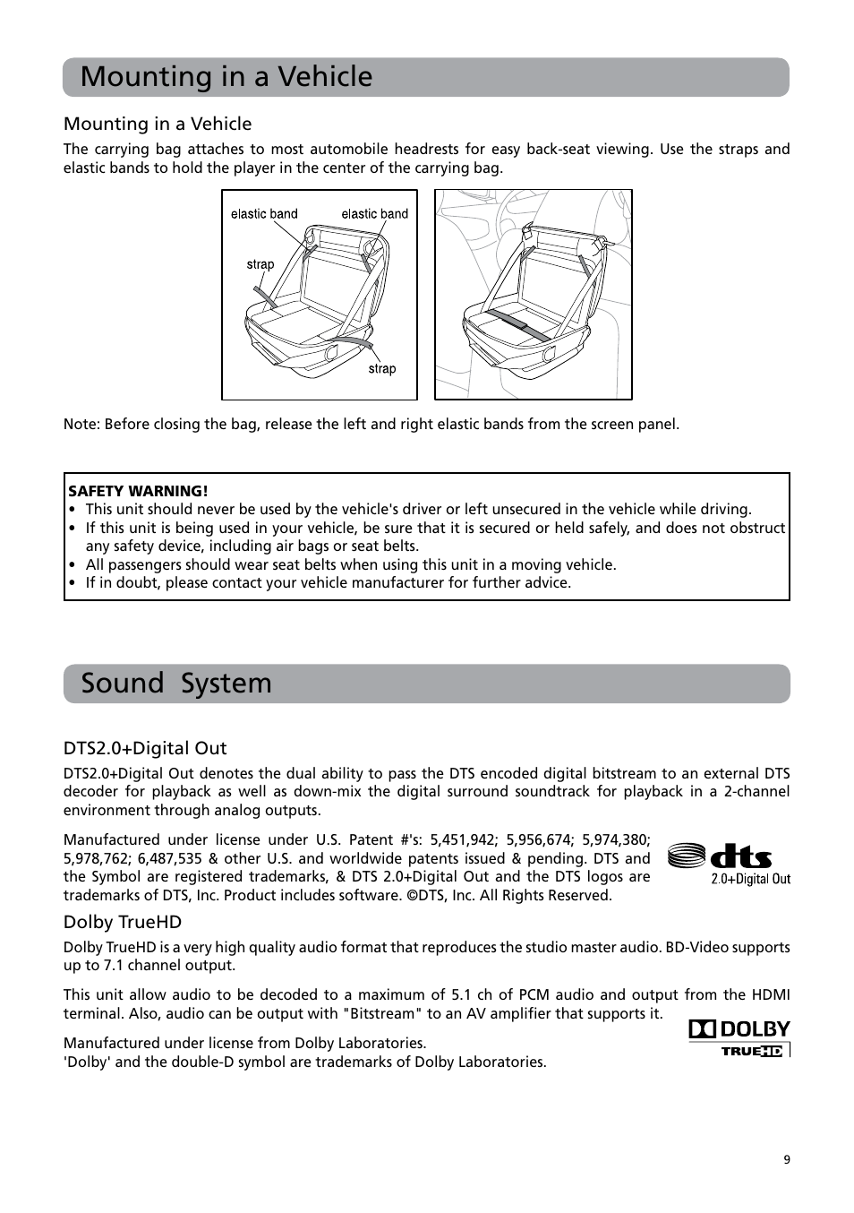 Mounting in a vehicle, Sound system | RCA BRC3109 User Manual | Page 13 / 24