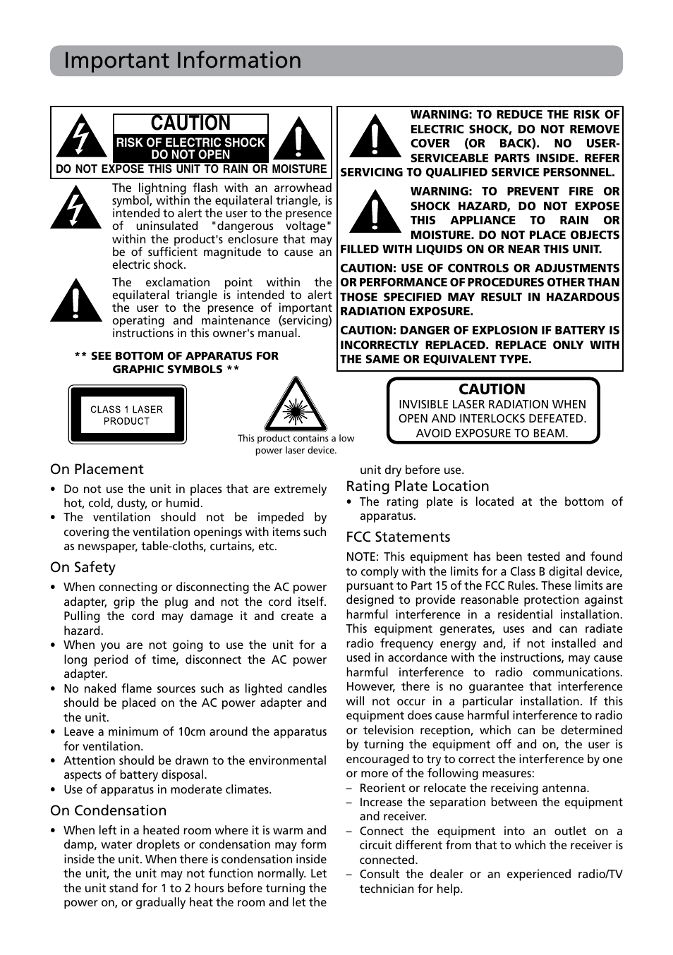 Important information, Caution | RCA BRC3109 User Manual | Page 2 / 24