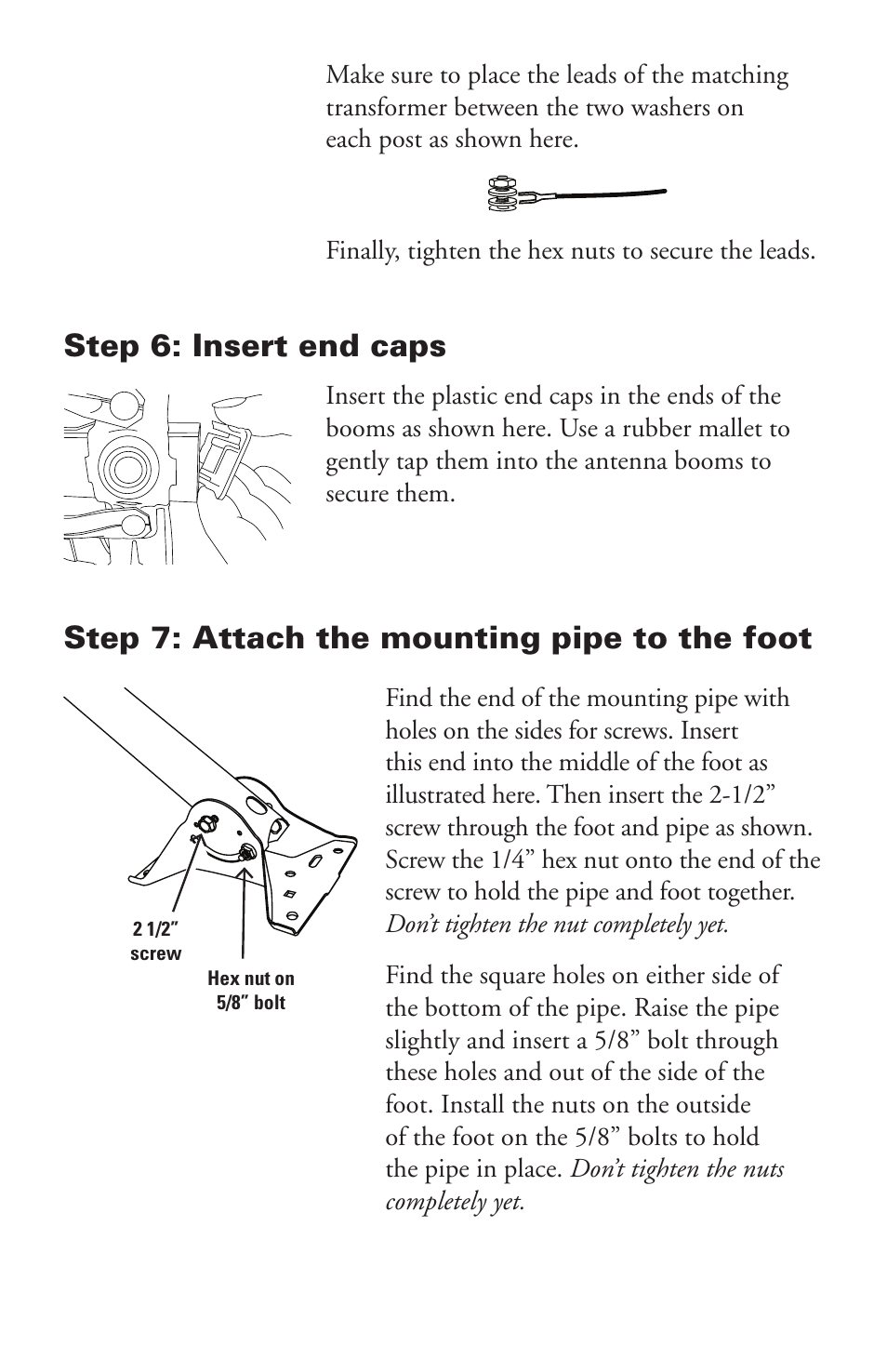 Step 6: insert end caps, Step 7: attach the mounting pipe to the foot | RCA ANT751 User Manual | Page 3 / 10