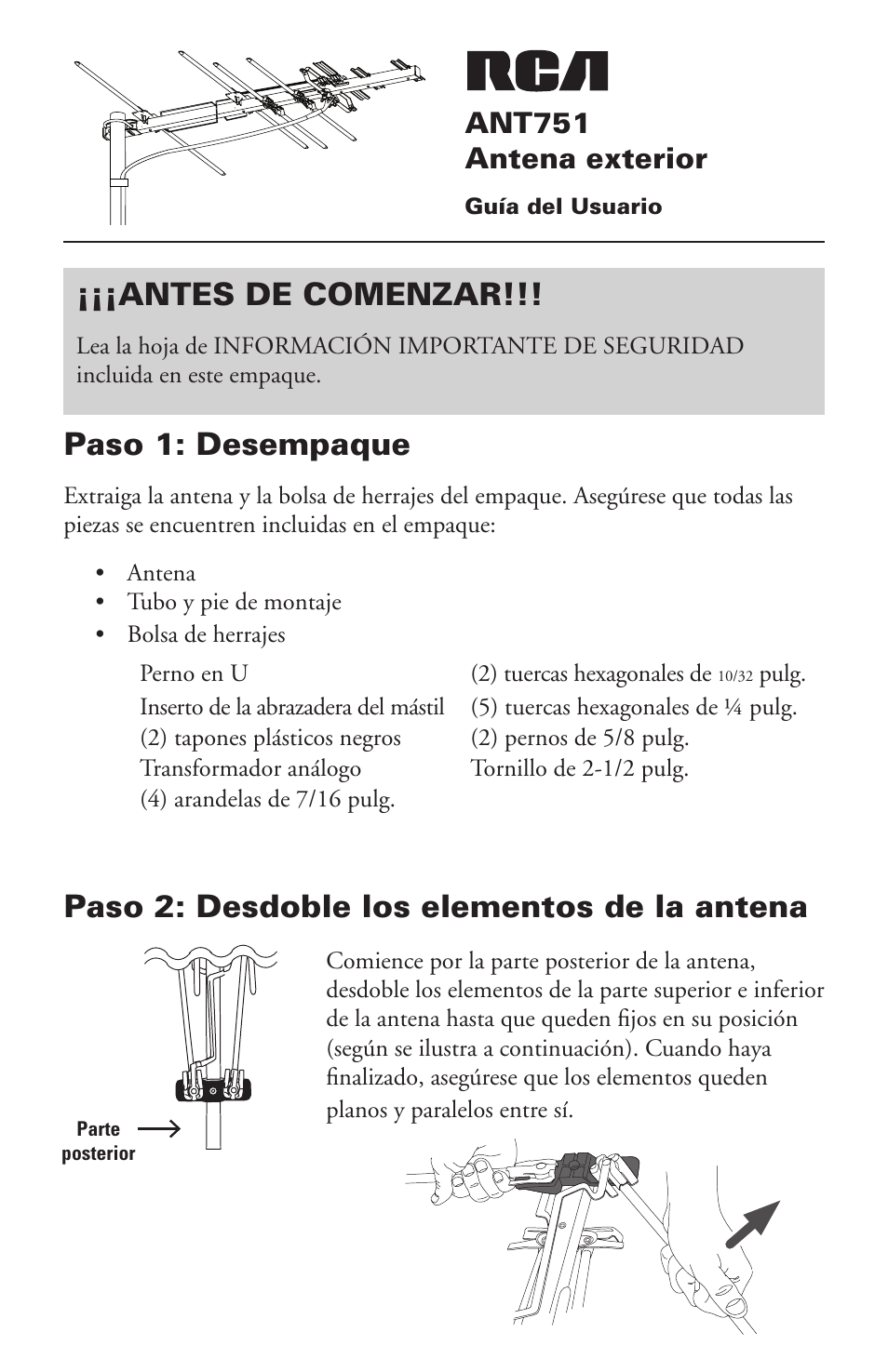 Paso 1: desempaque, Antes de comenzar, Paso 2: desdoble los elementos de la antena | Ant751 antena exterior | RCA ANT751 User Manual | Page 6 / 10