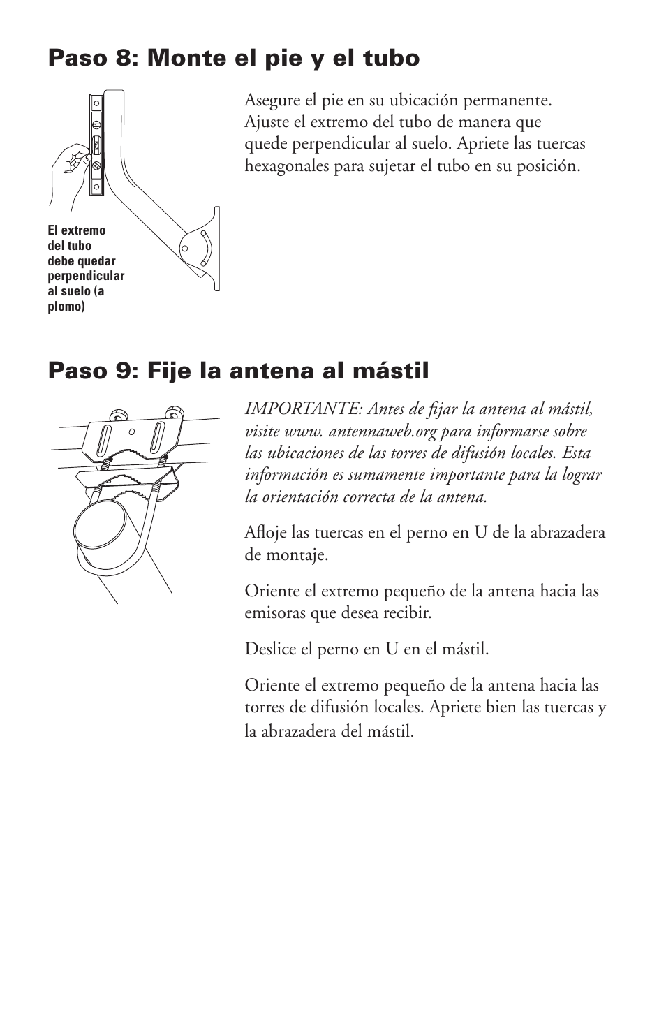 Paso 9: fije la antena al mástil, Paso 8: monte el pie y el tubo | RCA ANT751 User Manual | Page 9 / 10