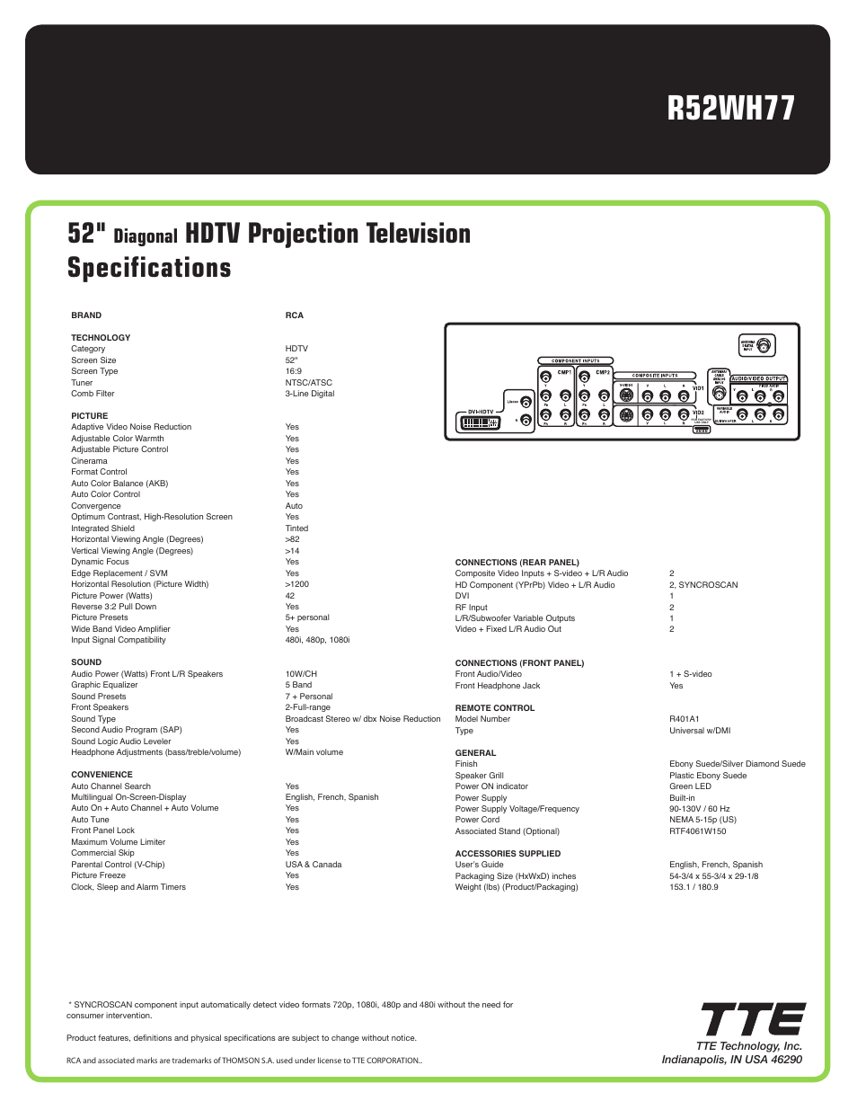 R52wh77, Hdtv projection television specifications, Diagonal | RCA r52wh77 User Manual | Page 2 / 2