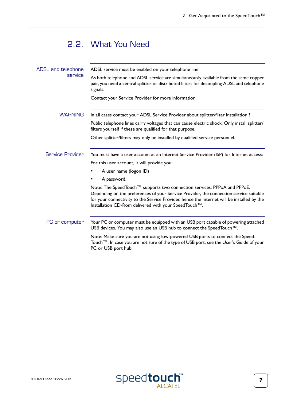 What you need, Adsl and telephone service, Warning | Service provider, Pc or computer | RCA 300 User Manual | Page 11 / 46