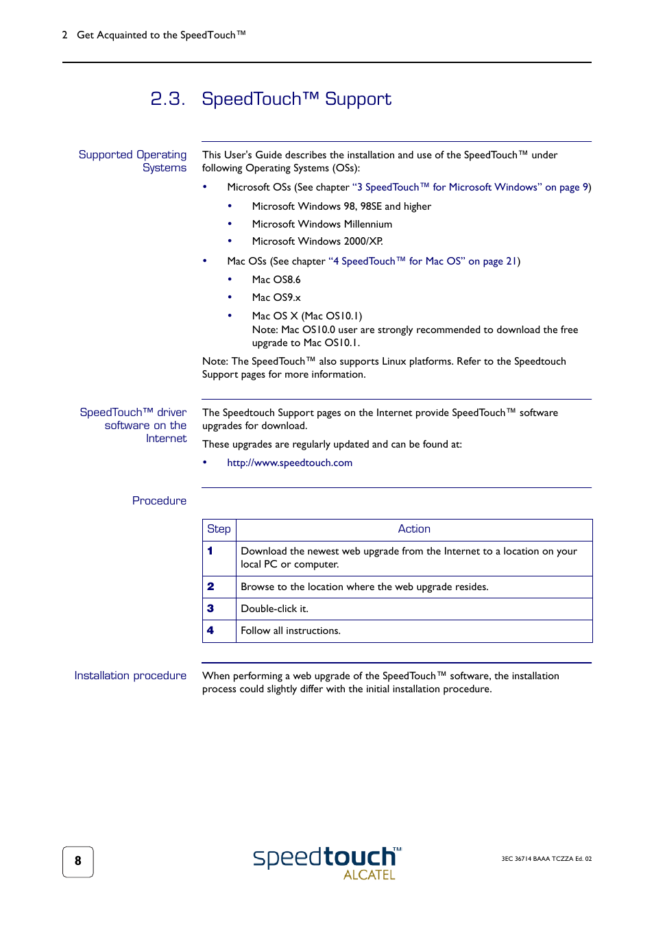 Speedtouch™ support, Supported operating systems, Speedtouch™ driver software on the internet | Procedure, Installation procedure | RCA 300 User Manual | Page 12 / 46