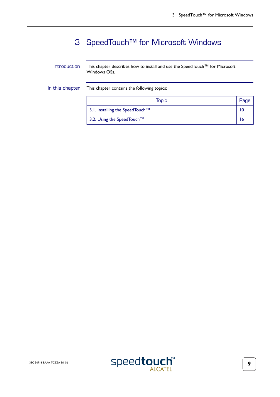 3 speedtouch™ for microsoft windows, Introduction, In this chapter | Speedtouch™ for microsoft windows | RCA 300 User Manual | Page 13 / 46