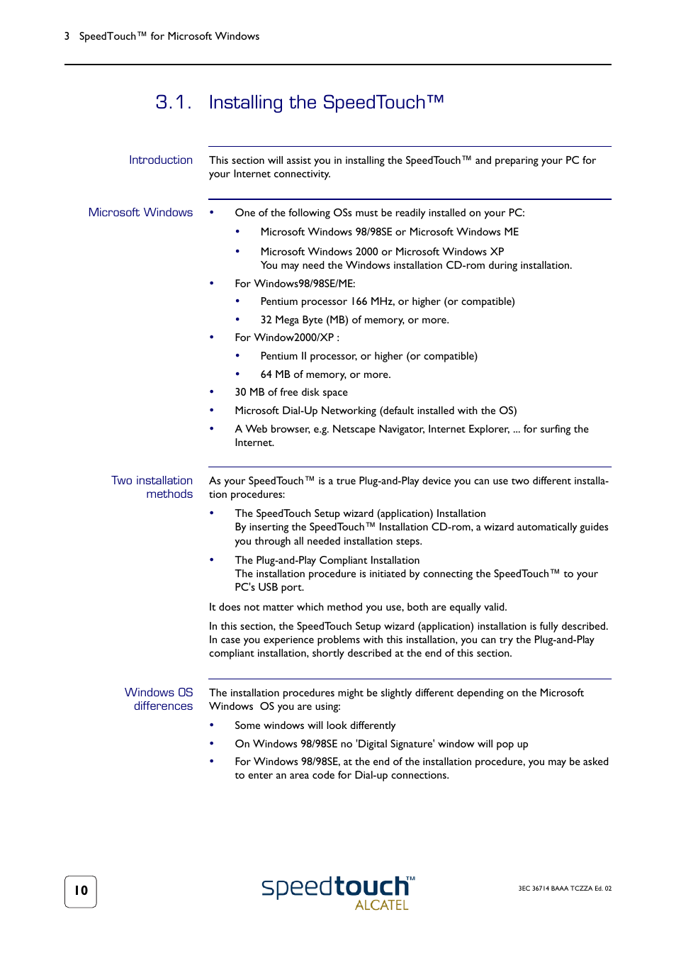 Installing the speedtouch, Introduction, Microsoft windows | Two installation methods, Windows os differences | RCA 300 User Manual | Page 14 / 46