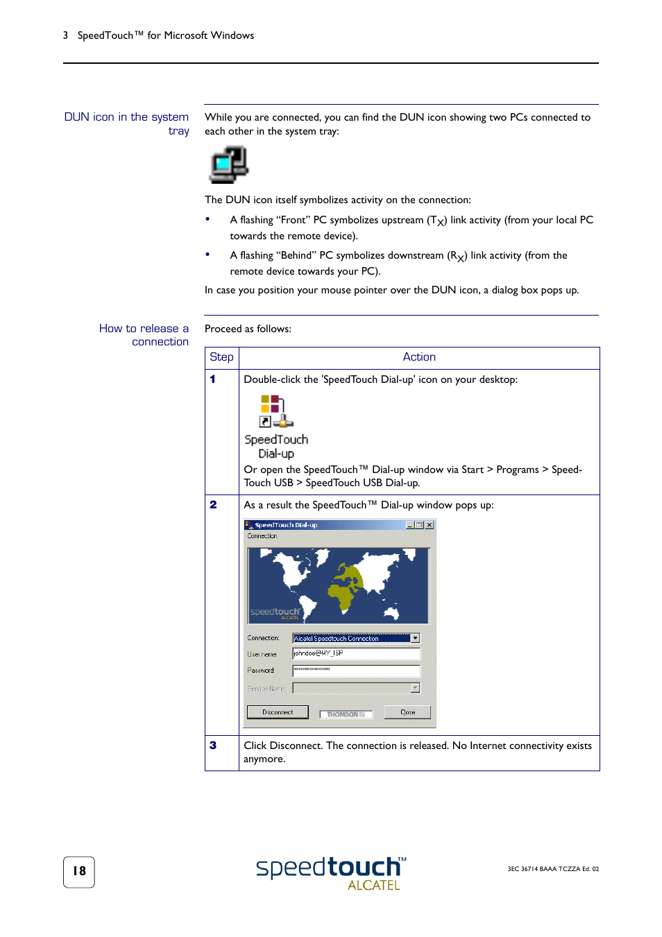 Dun icon in the system tray, How to release a connection | RCA 300 User Manual | Page 22 / 46