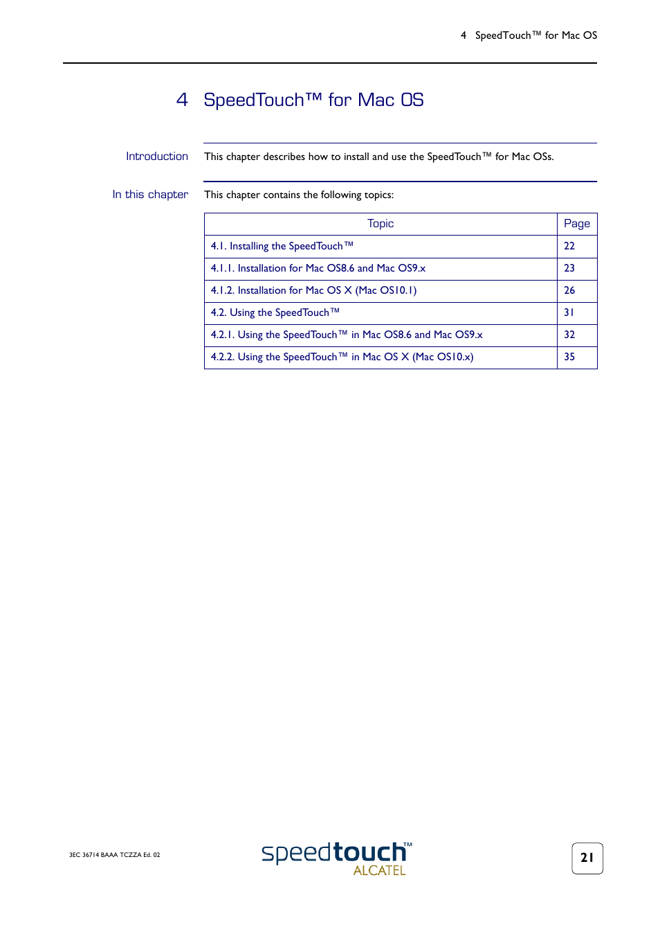 4 speedtouch™ for mac os, Introduction, In this chapter | Speedtouch™ for mac os | RCA 300 User Manual | Page 25 / 46