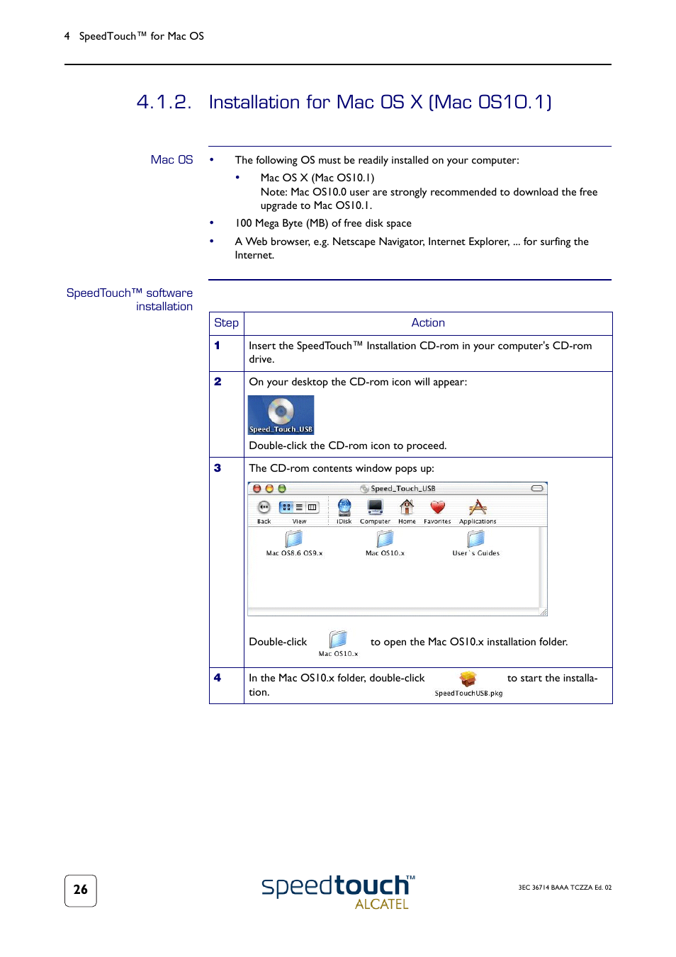 Installation for mac os x (mac os10.1), Mac os, Speedtouch™ software installation | Subsection, Installation for mac os x (mac os10.1)” on | RCA 300 User Manual | Page 30 / 46