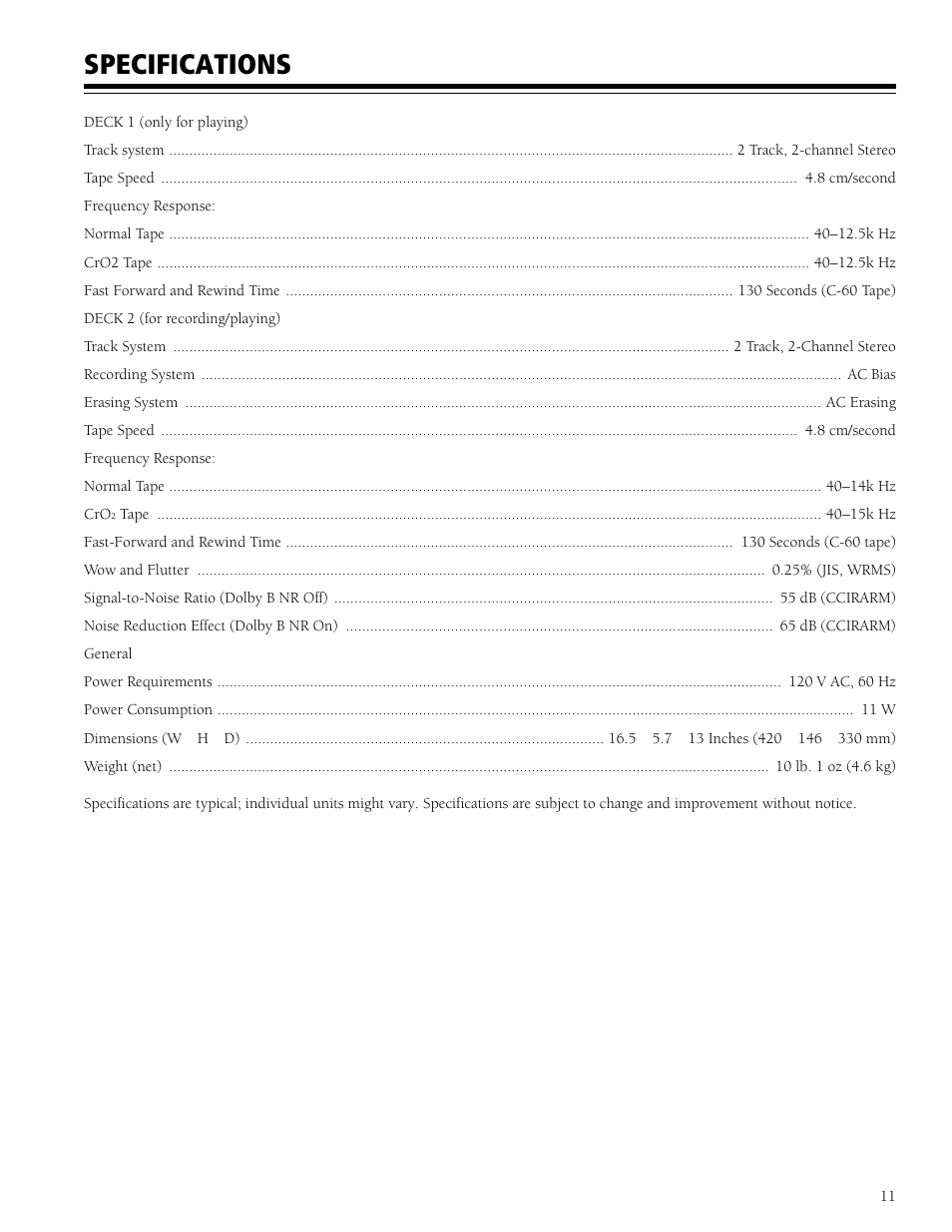 Specifications | RCA series SCT-520 User Manual | Page 11 / 12