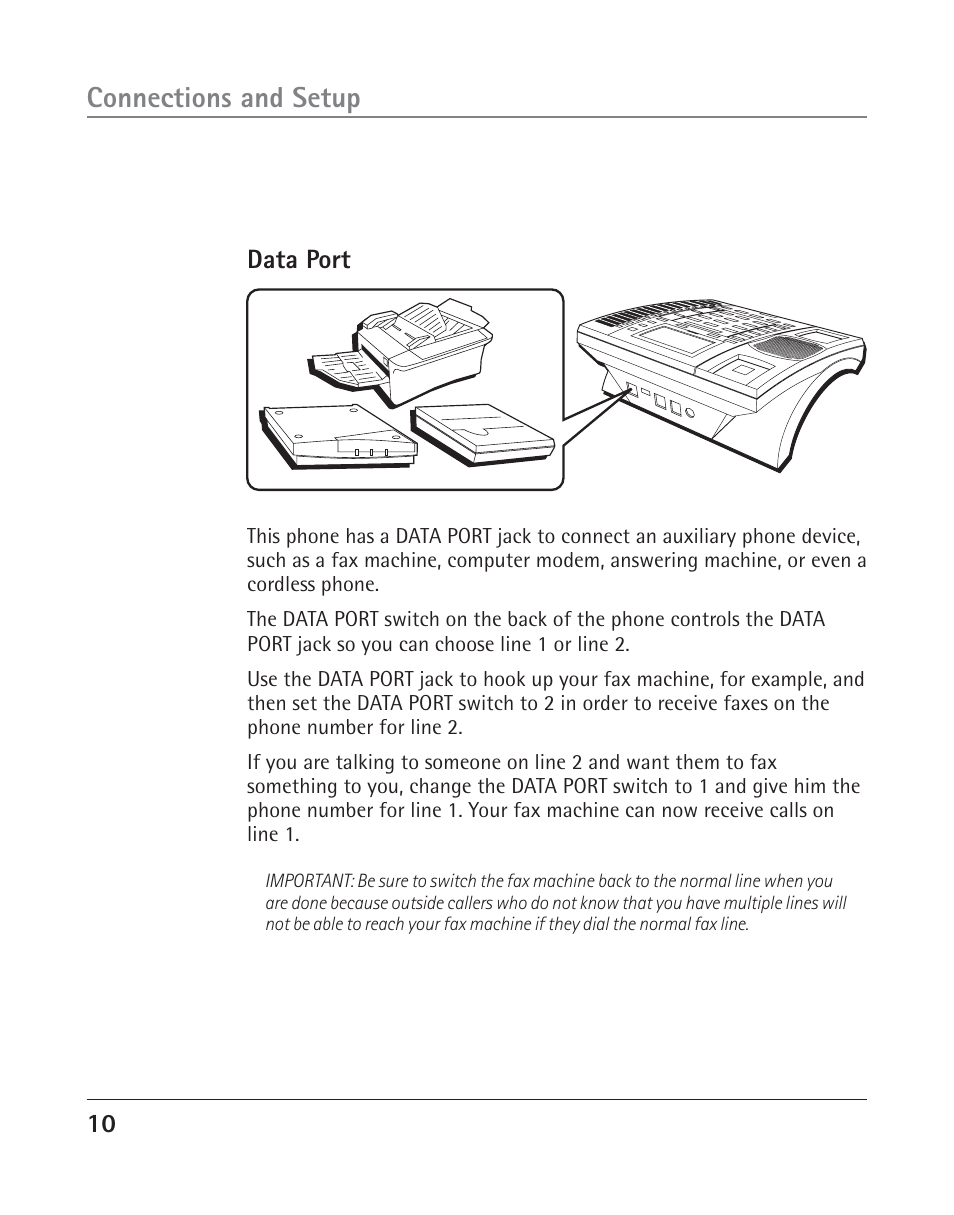 Connections and setup | RCA TWO-LINE SPEAKERPHONE WITH CALL WAITING CALLER ID 25202 User Manual | Page 10 / 76