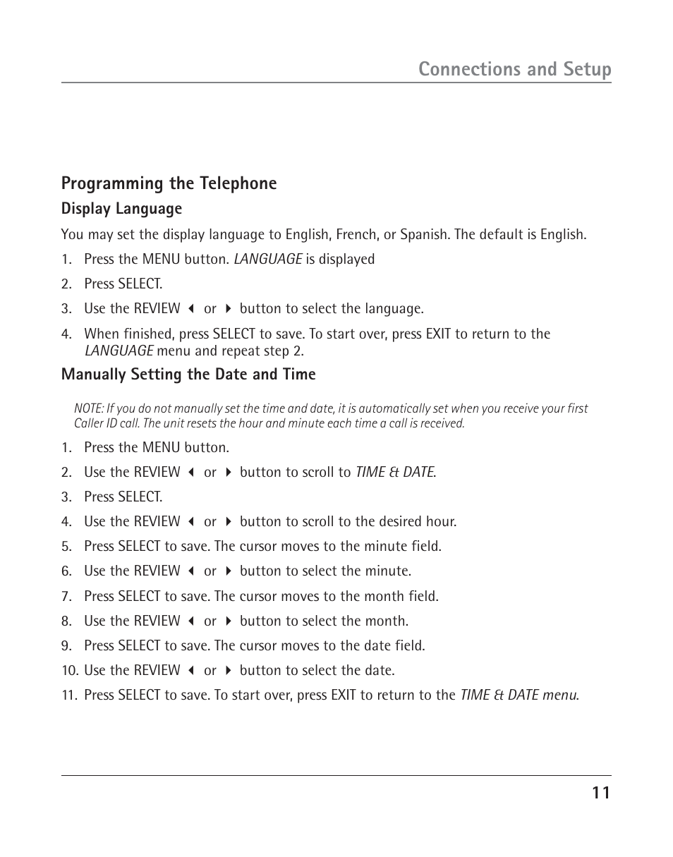 Connections and setup, Programming the telephone | RCA TWO-LINE SPEAKERPHONE WITH CALL WAITING CALLER ID 25202 User Manual | Page 11 / 76