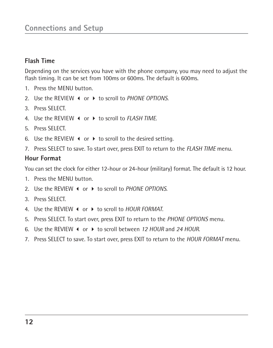 Connections and setup | RCA TWO-LINE SPEAKERPHONE WITH CALL WAITING CALLER ID 25202 User Manual | Page 12 / 76