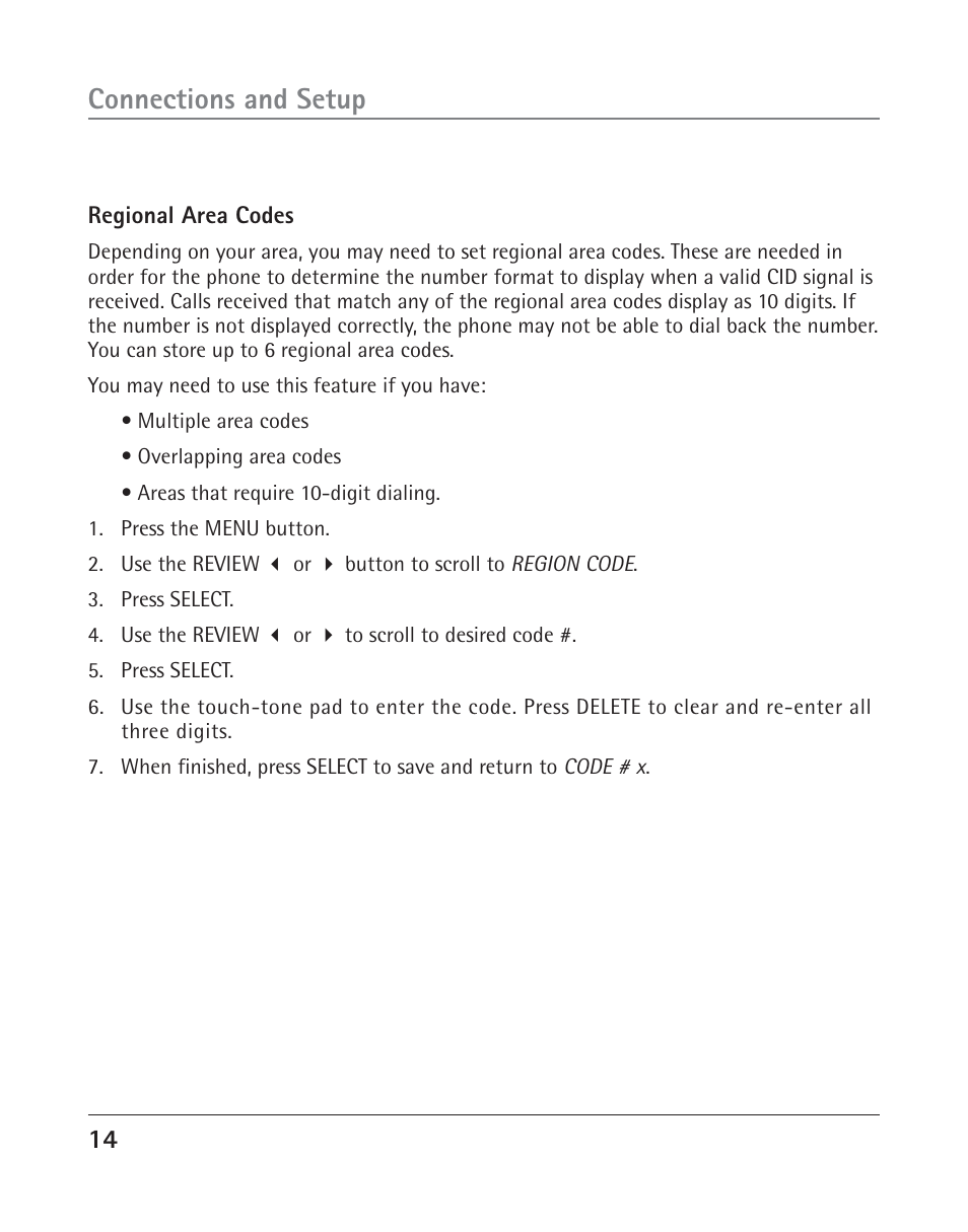 Connections and setup | RCA TWO-LINE SPEAKERPHONE WITH CALL WAITING CALLER ID 25202 User Manual | Page 14 / 76