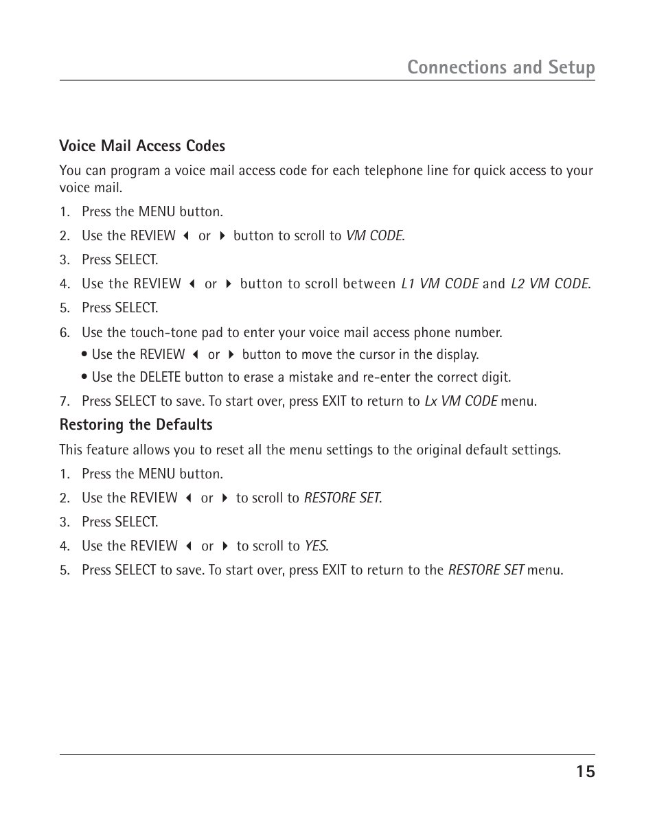 Connections and setup | RCA TWO-LINE SPEAKERPHONE WITH CALL WAITING CALLER ID 25202 User Manual | Page 15 / 76