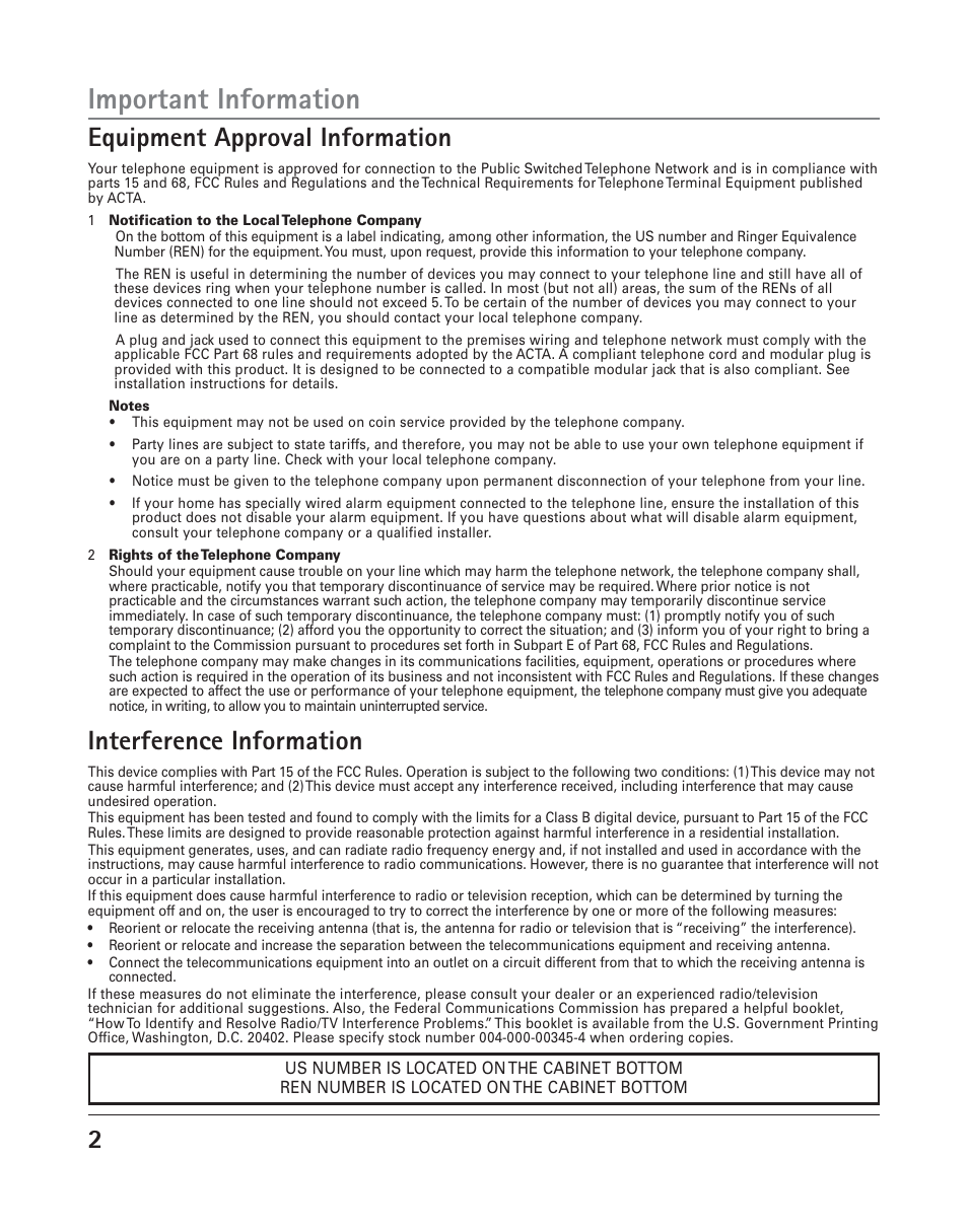 Important information, 2equipment approval information, Interference information | RCA TWO-LINE SPEAKERPHONE WITH CALL WAITING CALLER ID 25202 User Manual | Page 2 / 76