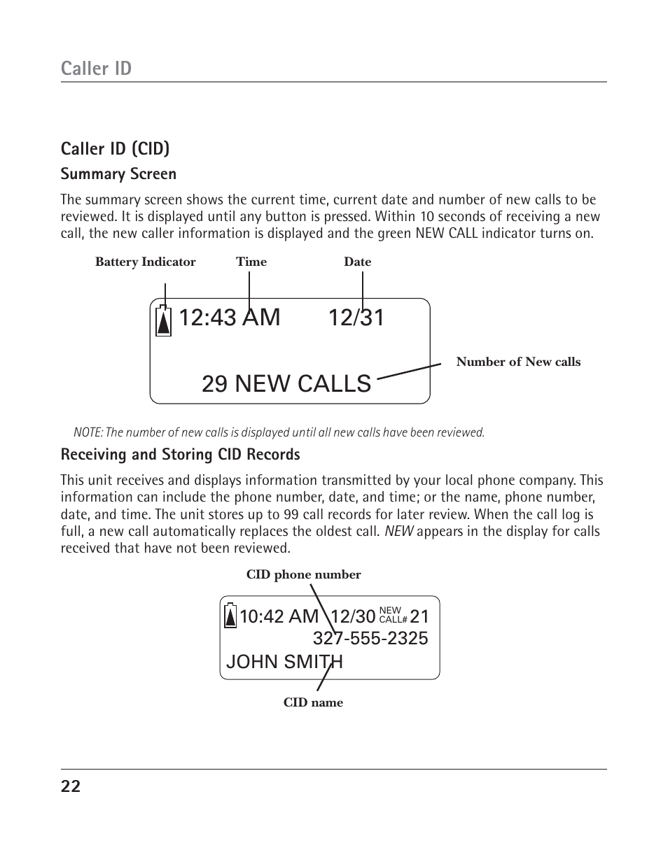 Caller id | RCA TWO-LINE SPEAKERPHONE WITH CALL WAITING CALLER ID 25202 User Manual | Page 22 / 76