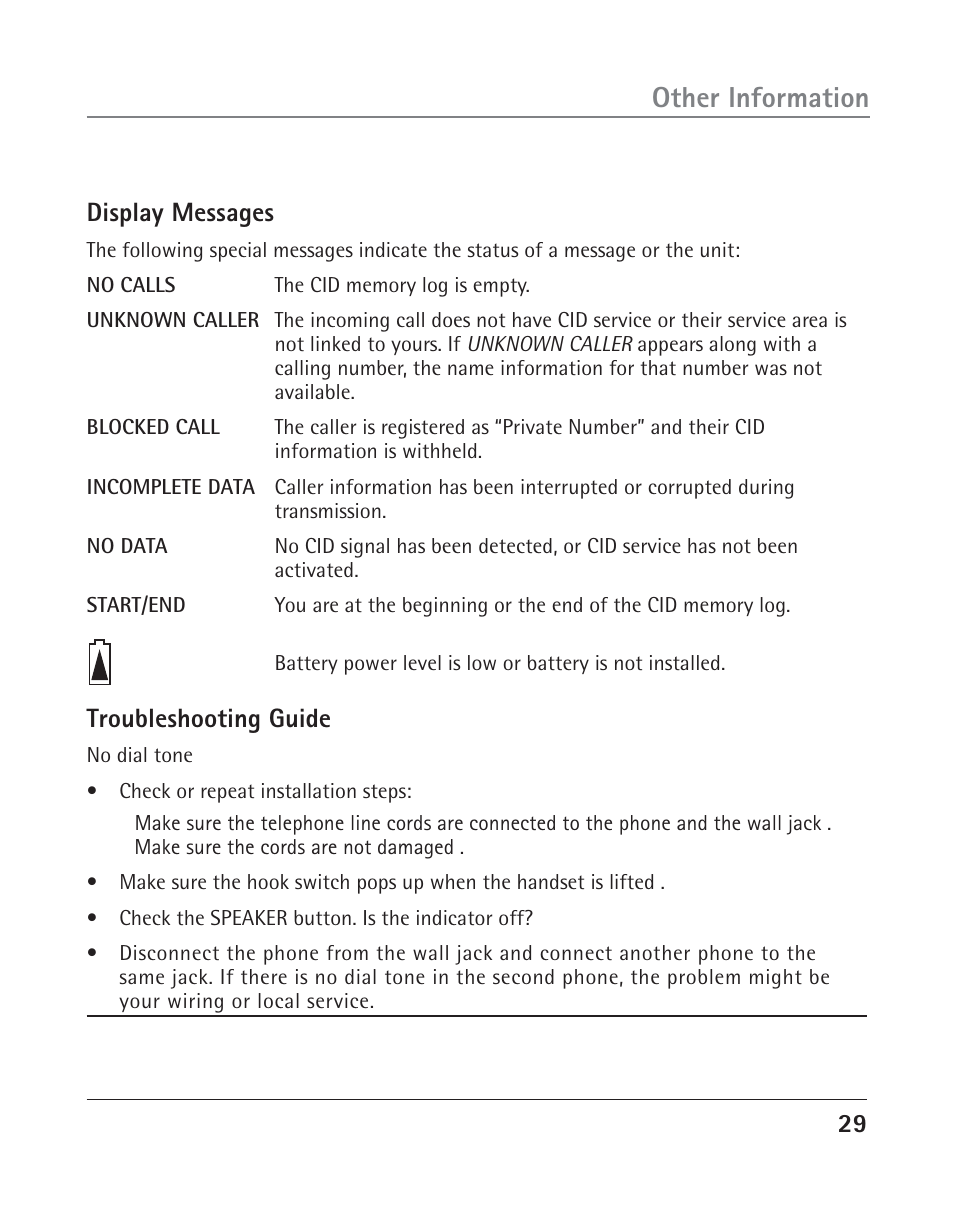 Other information, Display messages, Troubleshooting guide | RCA TWO-LINE SPEAKERPHONE WITH CALL WAITING CALLER ID 25202 User Manual | Page 29 / 76