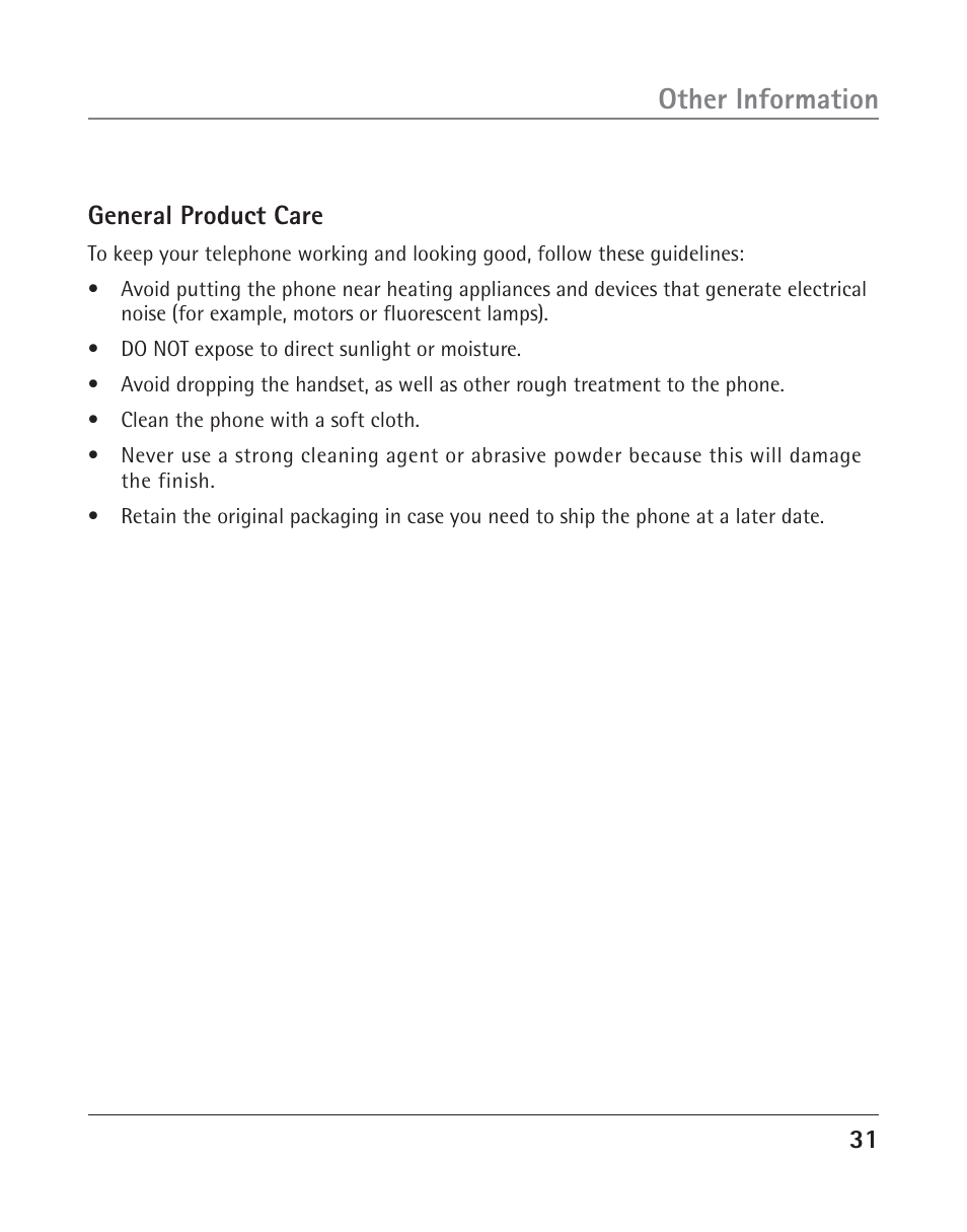 Other information, General product care | RCA TWO-LINE SPEAKERPHONE WITH CALL WAITING CALLER ID 25202 User Manual | Page 31 / 76