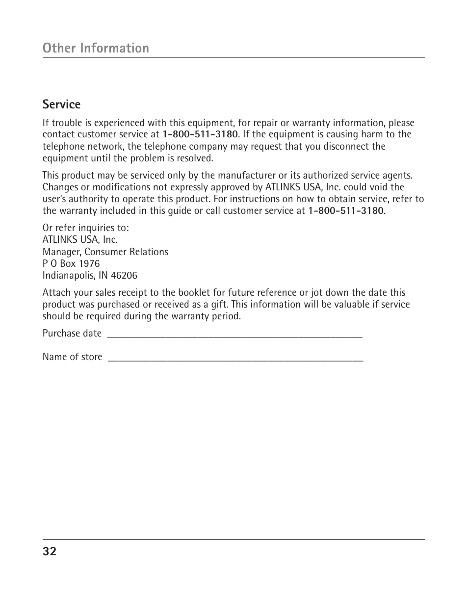 Other information | RCA TWO-LINE SPEAKERPHONE WITH CALL WAITING CALLER ID 25202 User Manual | Page 32 / 76