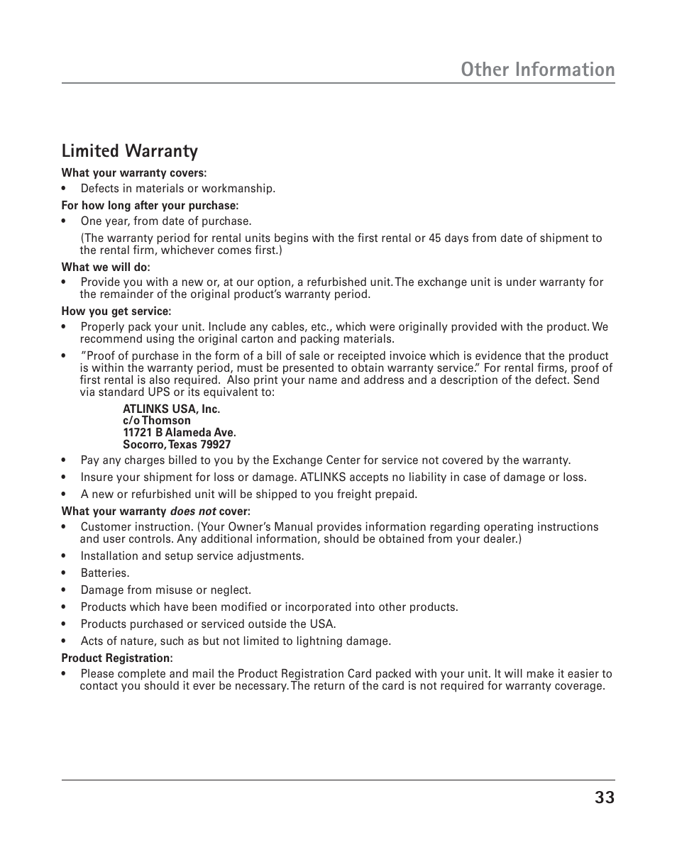 Other information, Limited warranty | RCA TWO-LINE SPEAKERPHONE WITH CALL WAITING CALLER ID 25202 User Manual | Page 33 / 76