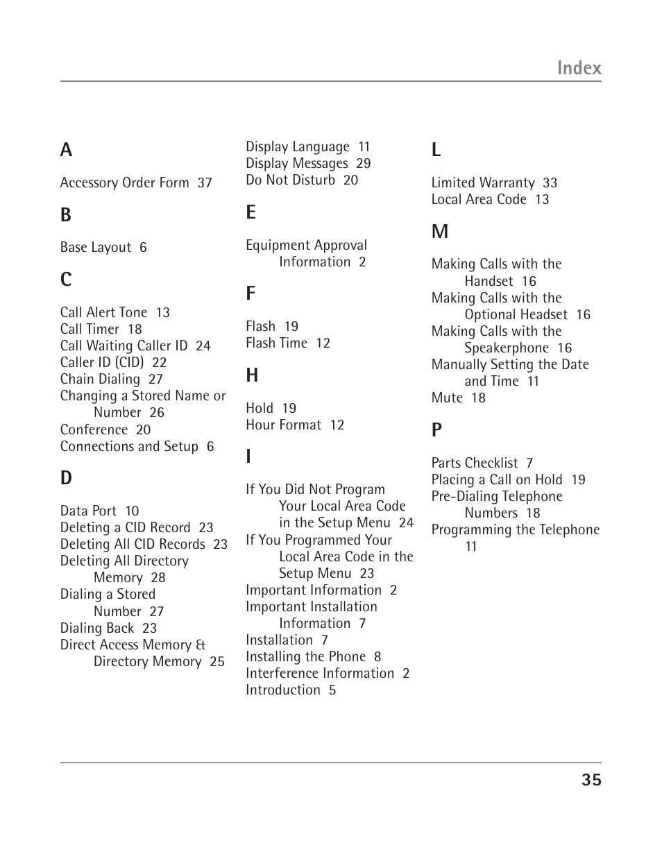Index a | RCA TWO-LINE SPEAKERPHONE WITH CALL WAITING CALLER ID 25202 User Manual | Page 35 / 76