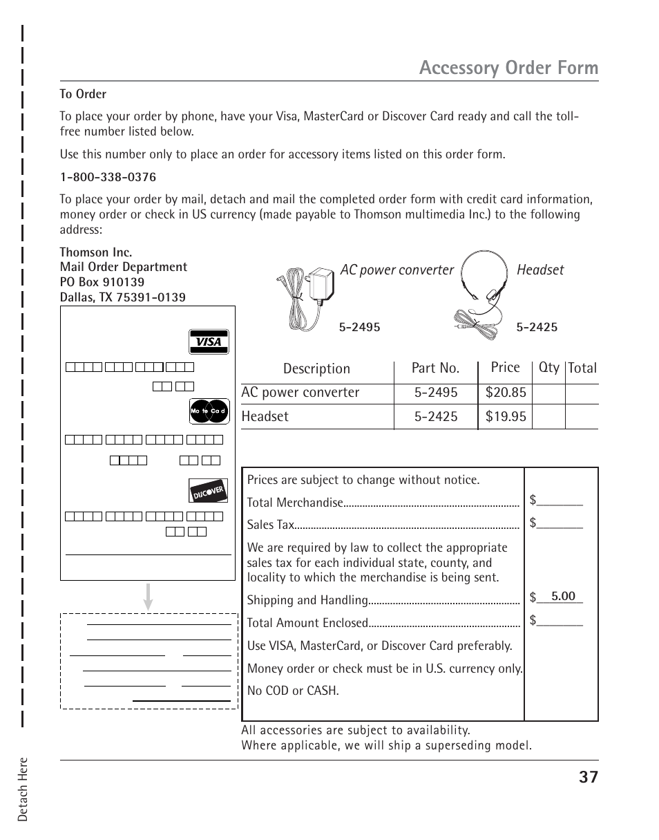 Accessory order form, Headset | RCA TWO-LINE SPEAKERPHONE WITH CALL WAITING CALLER ID 25202 User Manual | Page 37 / 76