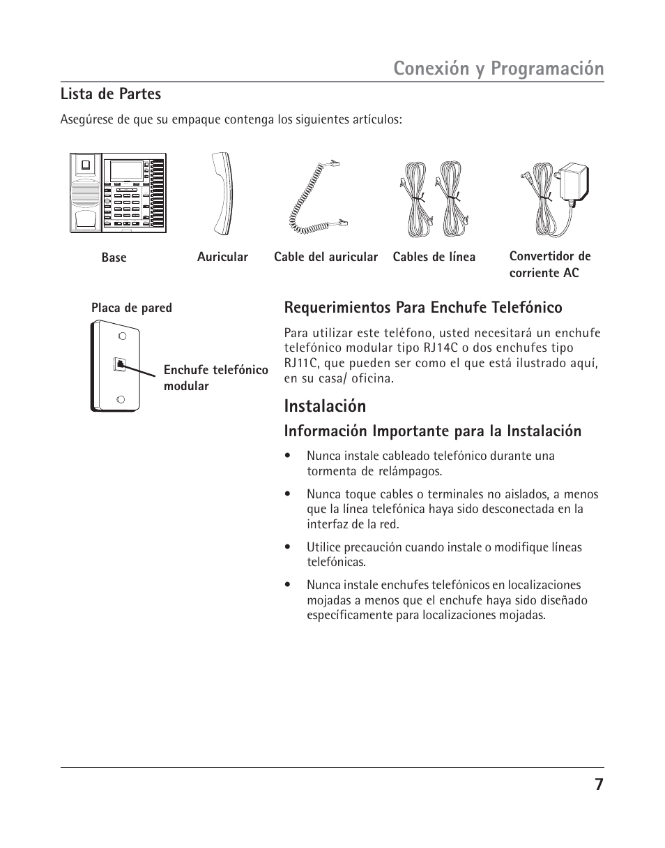 Conexión y programación, Instalación, Lista de partes | Requerimientos para enchufe telefónico, Información importante para la instalación | RCA TWO-LINE SPEAKERPHONE WITH CALL WAITING CALLER ID 25202 User Manual | Page 45 / 76