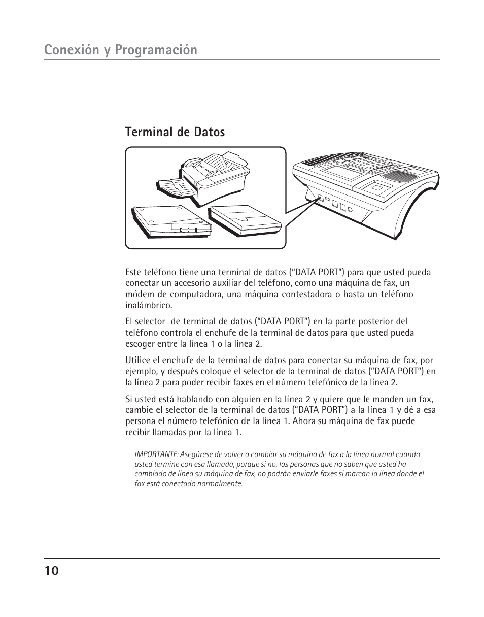 Conexión y programación, Terminal de datos | RCA TWO-LINE SPEAKERPHONE WITH CALL WAITING CALLER ID 25202 User Manual | Page 48 / 76