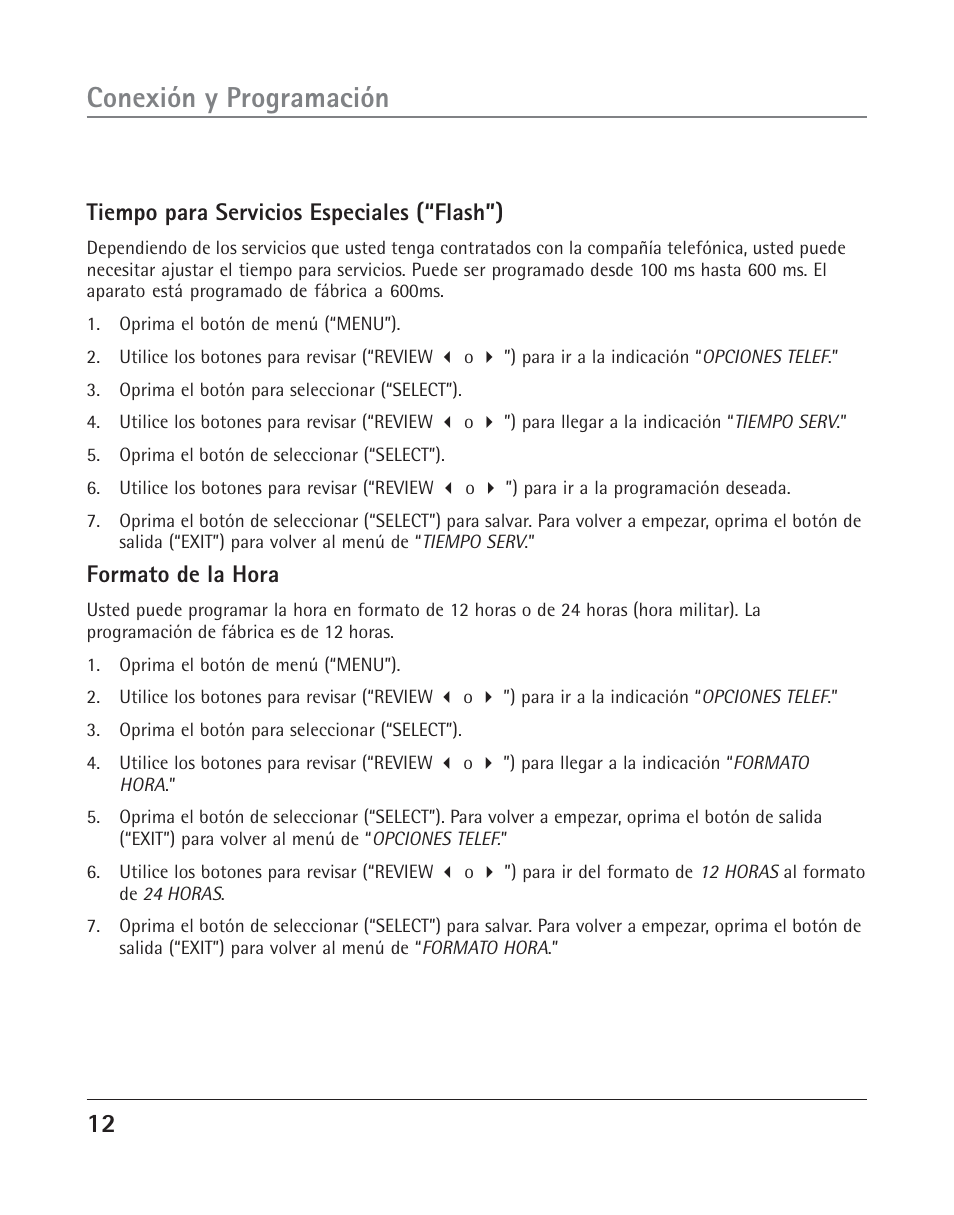 Conexión y programación, Tiempo para servicios especiales (“flash”), Formato de la hora | RCA TWO-LINE SPEAKERPHONE WITH CALL WAITING CALLER ID 25202 User Manual | Page 50 / 76