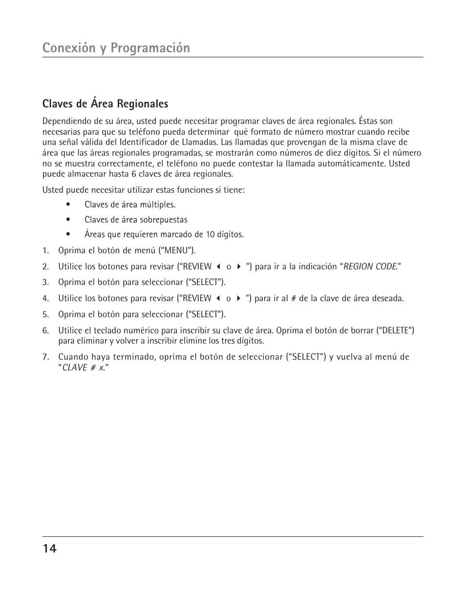 Conexión y programación, Claves de área regionales | RCA TWO-LINE SPEAKERPHONE WITH CALL WAITING CALLER ID 25202 User Manual | Page 52 / 76